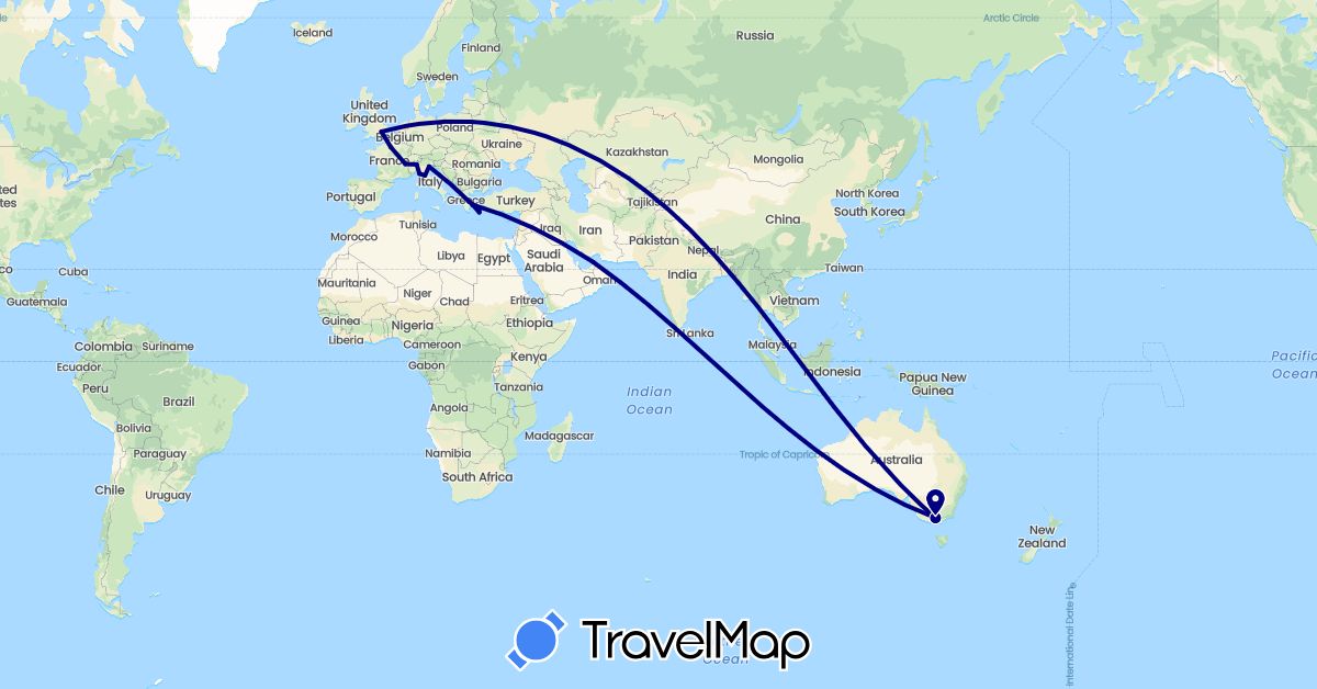 TravelMap itinerary: driving in United Arab Emirates, Australia, France, United Kingdom, Greece, Italy (Asia, Europe, Oceania)